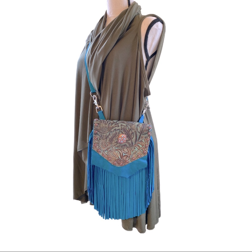 Turquoise Fringe Leather Crossbody, Tooled Western Boho Bag Handmade